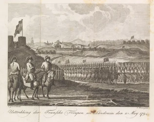 Tropas francesas saliendo de Landrecy, 1794 Extracción de la Troupen francesa de Landrecies den 11 de mayo de 1794 (título sobre el objeto)