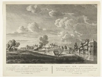 Las tropas prusianas atacan Amstelveen, defendida por los arqueros de Ámsterdam el 1 de octubre de 1787. Ataque a Amstelveen... el 1 de octubre de 1787 (título sobre el objeto) Attaque sur Amstelveen ... le 1er. Octubre de 1787 (título sobre el objeto)