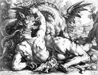 Dragón devorando a los compañeros de Cadmo, grabado por Hendrik Goltzius, 1588