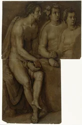 Estudios de un hombre desnudo sentado y dos mujeres, medio en la cara