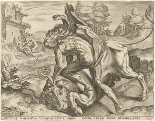 Hércules lucha con Achelous Trabajos de Hércules (título de la serie)