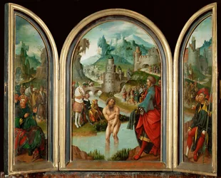 La profeta Elisa cura al capitán sirio Naeman de la lepra en las aguas del río Jordán (pintura sobre madera de roble)