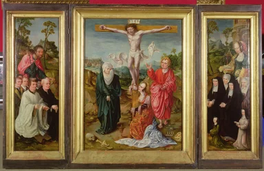 Tríptico de la Crucifixión: Santa Bárbara con donantes (ala derecha); Santiago el Mayor con donantes (ala izquierda); La Crucifixión (centro)