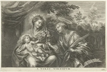 María con el Niño y Santa Catalina de Alejandría S. Virgo Virginvm (título sobre objeto)