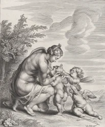 Venus amamantando a tres Cupidos en un paisaje, ca. 1627-78