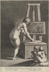 Pictura: alegoría de la pintura, con una mujer desnuda en el centro moliendo pigmentos, dos p..., ca. 1610-50