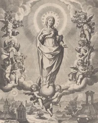 La Virgen en la gloria, de pie sobre nubes y rodeada de ángeles sosteniendo los símbolos..., 1595-1633
