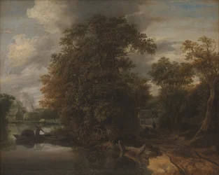 Paisaje junto a un río. En el fondo un horno de cal