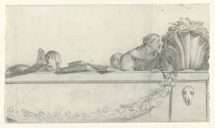 Personas en una balaustrada con festones
Diseños de murales en el castillo de Honselaersdijk (título de la serie)