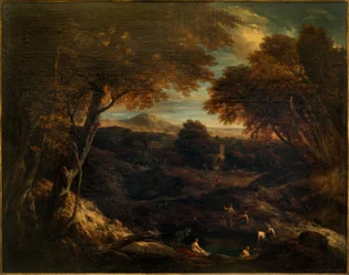 Amplio paisaje clásico con figuras bañándose en primer plano