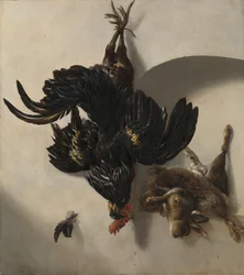 Bodegón con gallo negro y dos conejos