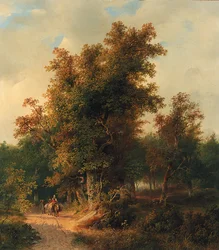 Paisaje boscoso con viajeros en un camino arenoso