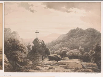 Paisaje de montaña con una cruz en una roca