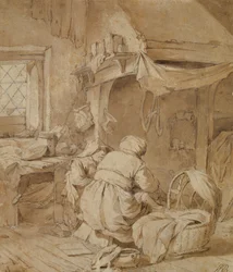 Salón de granja con granjero, cuna y niño, c.1654