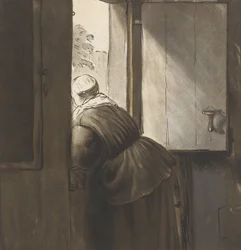 Una mujer apoyada en la puerta inferior, después de Rembrandt van Rijn