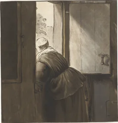 Mujer inclinada sobre una puerta inferior