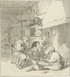 Familia de granjeros en la chimenea