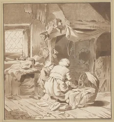 Interior de una casa de campo con dos mujeres.