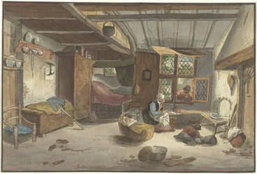 Interior con mujer junto a la cuna