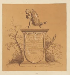 Putto de pie en un monumento con dedicatoria a Jonas Witsen