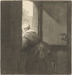Mujer inclinada sobre una puerta inferior