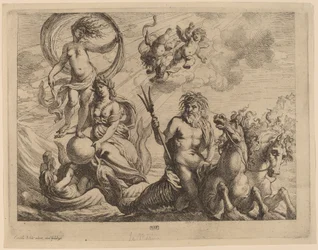 Neptuno con dos caballos en el mar