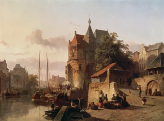 Escena holandesa: Edificios fortificados en las orillas de un canal