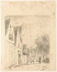 Vista de una calle con un caballo y un hombre