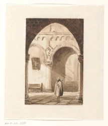 Interior de una iglesia con un monje