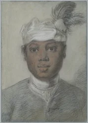 Cabeza de un joven negro con turbante de plumas