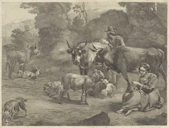 paisaje con pastor y pastora costurera