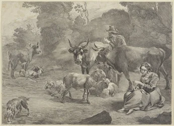 paisaje con pastor y pastora costurera