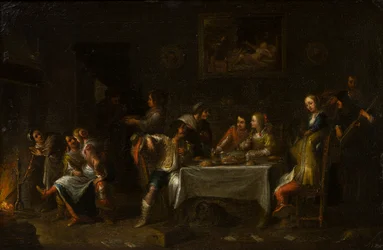 Damas y caballeros festejando alrededor de una mesa, c.1612-67 (óleo, lienzo y papel)