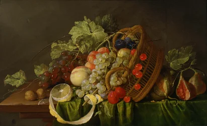 Bodegón con cesta de fruta.