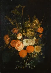 Ramo de rosas, claveles, naranjas, uvas, bellotas y castañas