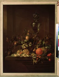 "Bodegón de frutas de invierno con copa" (Bodegón con copa) Naranja, limón, nueces, avellanas, castañas (¿castañas?), ostras, guisantes, grosellas, caracoles, cerezas Pintura de Cornelis de Heem (1631-1695) alrededor de 1680 Museo Pushkin, Mo