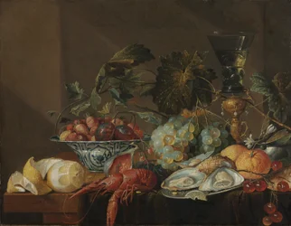 Naturaleza muerta con cangrejos de río, ostras y fruta, finales del siglo XVII o principios del XVIII (óleo sobre lienzo)