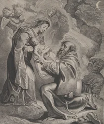 La visión de San Francisco, arrodillado a la derecha, recibiendo al niño Cristo de la Virgen