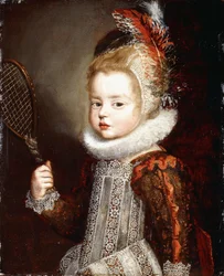 Retrato de una niña, medio cuerpo, sosteniendo una raqueta de tenis