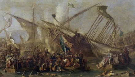 Embarque, siglo XVII, Barroco Flamenco, Óleo sobre lienzo, 47 cm x 84 cm, P01157