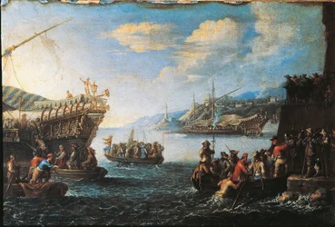Tropas embarcadas en galera en el puerto de Génova