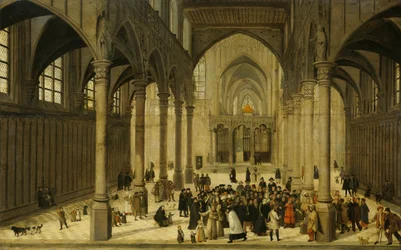 Interior de la iglesia con Cristo predicando a una congregación