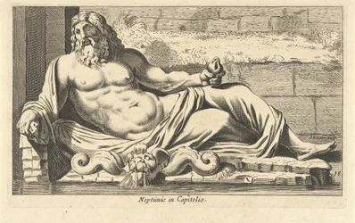 Estatua de Neptuno en la fuente del Capitolio de Roma Neptuno en Capitolio (título sobre objeto) Imágenes de Eigenlyke de cien de las estatuas más famosas o estatuas antiguas, de pie dentro de Roma (título de la serie)