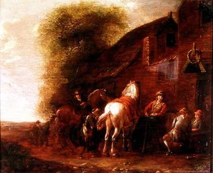 Jinetes fuera de una posada de pueblo