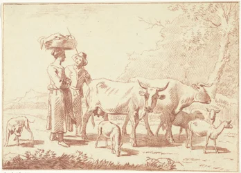 Pastor y mujer con vacas y ovejas.