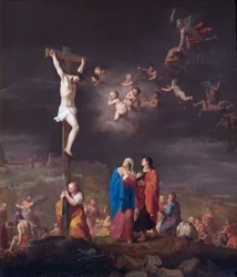 La crucifixión, con la caída de los ángeles rebeldes (óleo sobre tabla de roble)