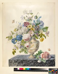 Un jarrón de mármol con flores mixtas en un estante de mármol, c.1800