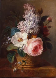 Naturaleza muerta de flores en una cesta (óleo sobre lienzo)