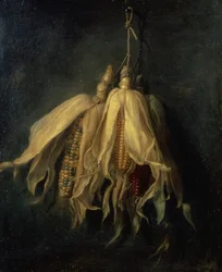 Tres mazorcas de maíz colgando de un clavo (óleo sobre lienzo)