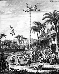 Descubrimiento de las Indias: juegos - en Viajes de W. Shouten a las Indias Orientales, ed. Ámsterdam
